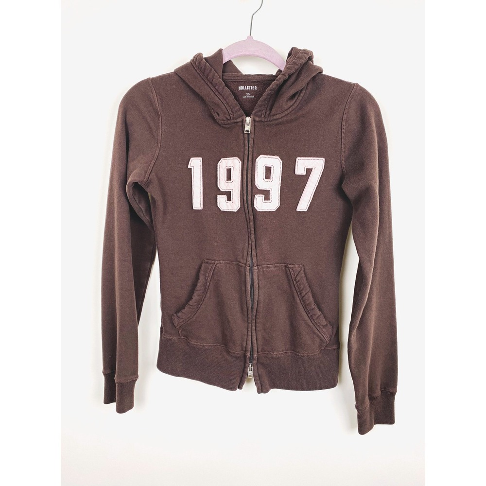 Hollister Brown Pink 1997 Graphic Full Zip Hoodie Sweatshirt XS